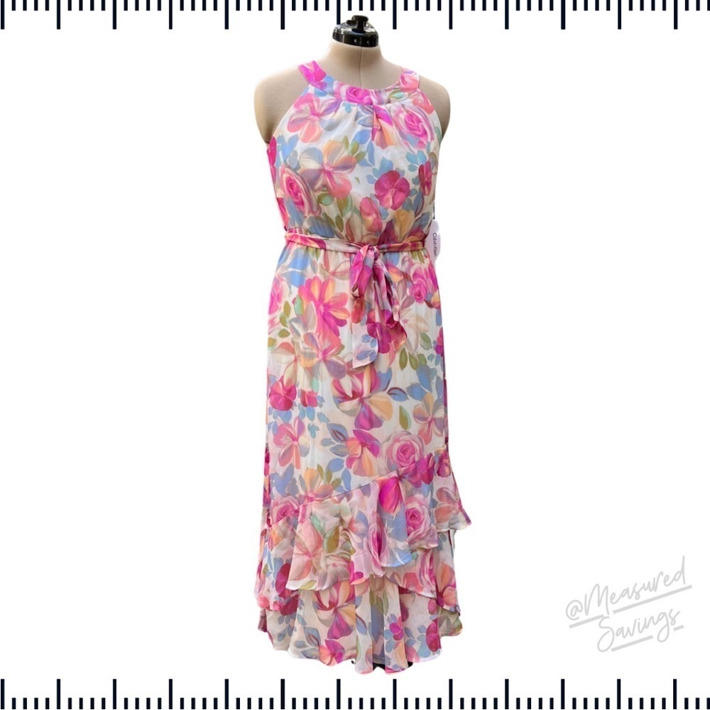 Calvin Klein [NWT-10] Floral Chiffon Ruffled Maxi Dress with Tie Belt -  Sz 10